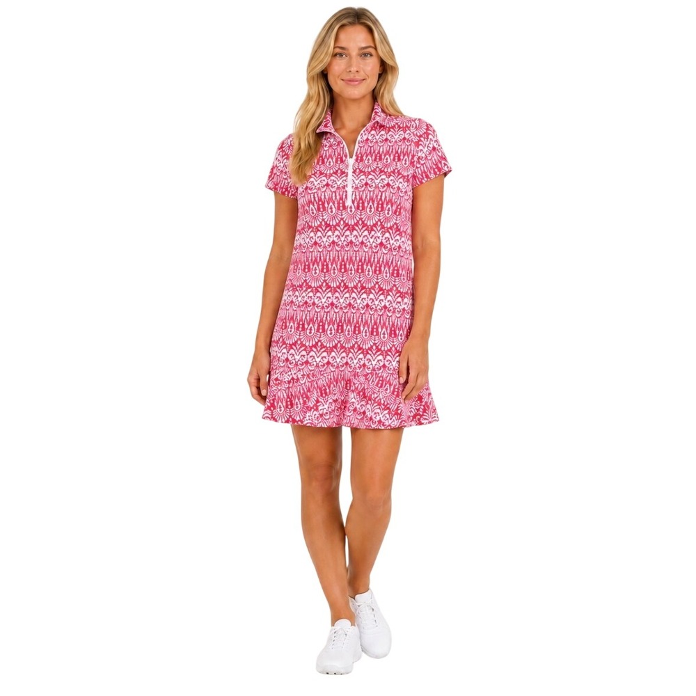 IBKUL Women Pink White Geometric Print Ruffle Hem Golf Dress UPF 50+ S Sleeve